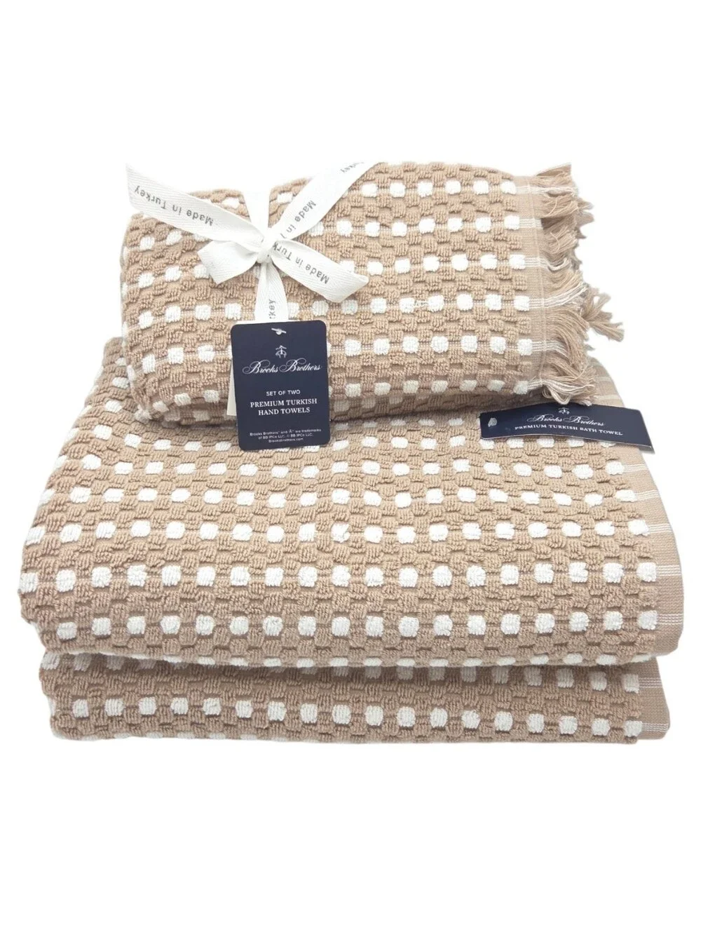Brooks Brothers 4pc Turkish Cotton Towel Set Tan & White Raised Dots 2Bath 2Hand